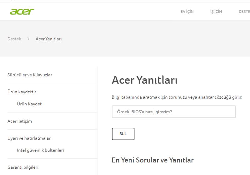 Acer Çevrimiçi Ürün Desteği